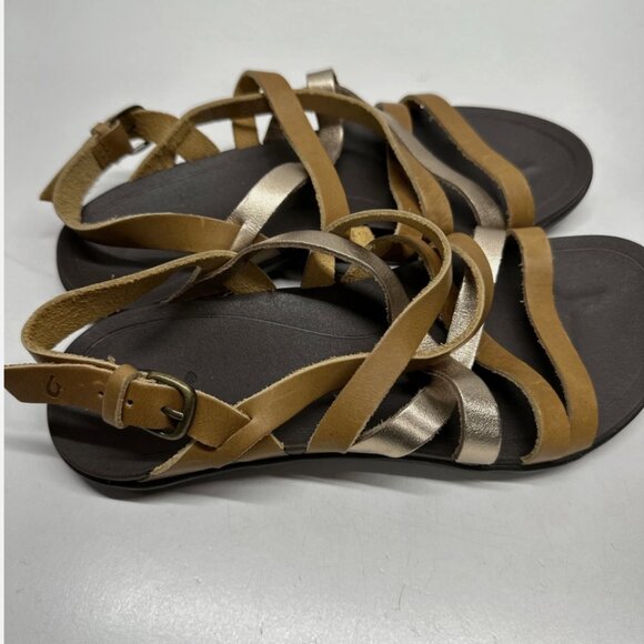 OluKai Awe Awe Sandals Leather Strappy Shoes Open Toe Brown Gold Womens Size 7 - Picture 3 of 12